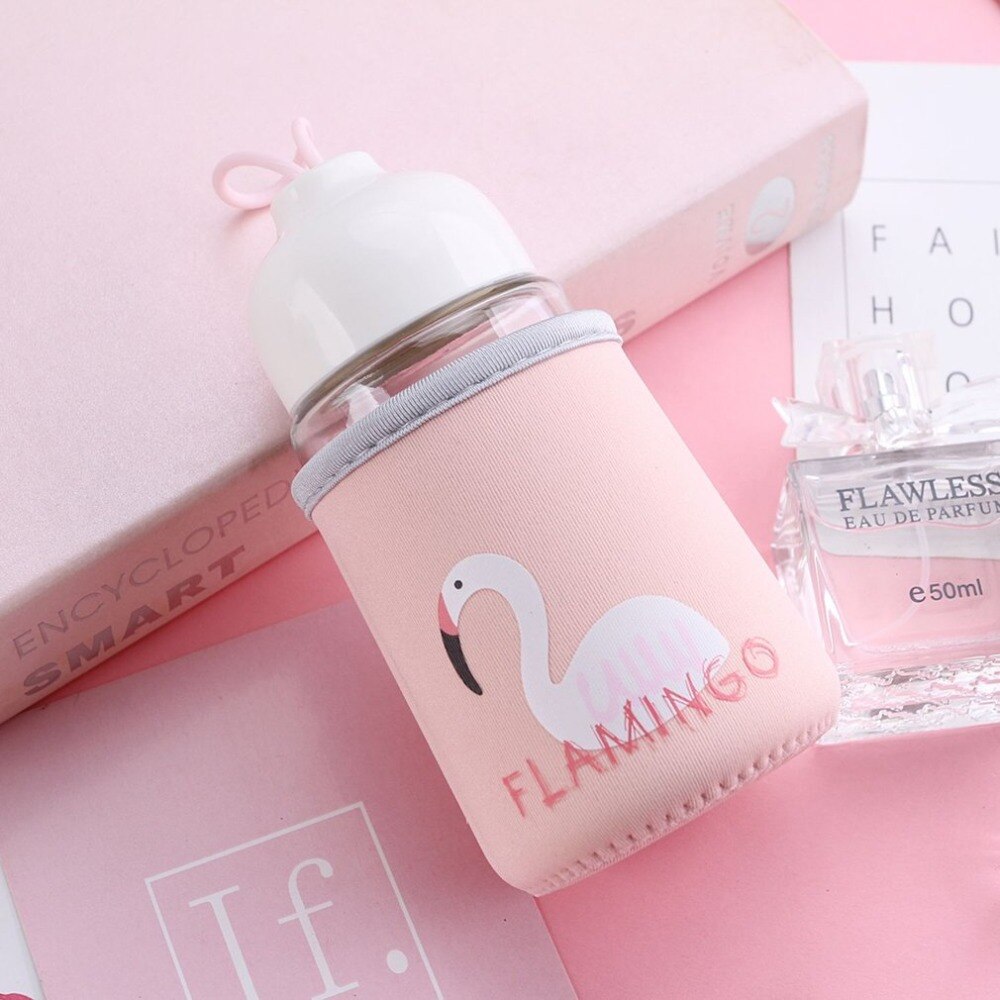 Cute 320ML Flamingo Glass Bottle of Water With Cloth Cover Drinking For Children