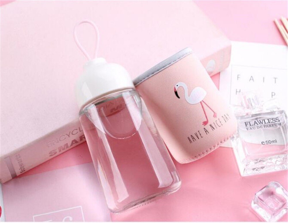 Cute 320ML Flamingo Glass Bottle of Water With Cloth Cover Drinking For Children